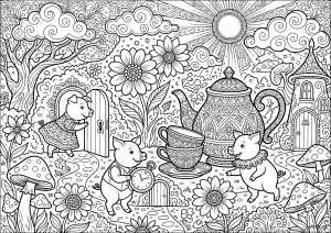 Three pigs in a wondrous garden