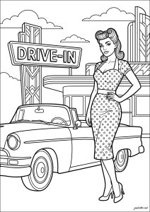 Vintage pin up convertible at a drive in