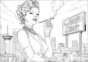 Young woman and her Lucky Strike cigarette