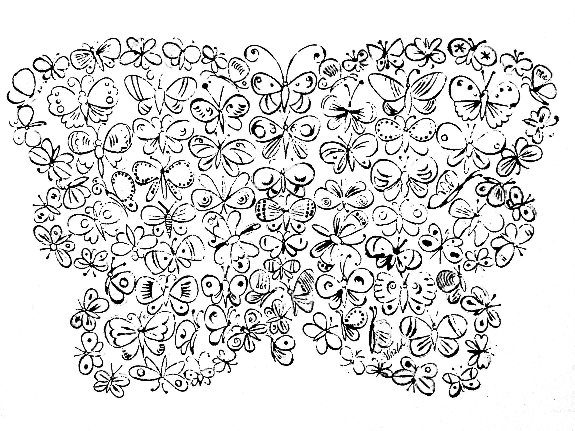 Coloring page inspired by a painting by Andy Warhol with butterflies