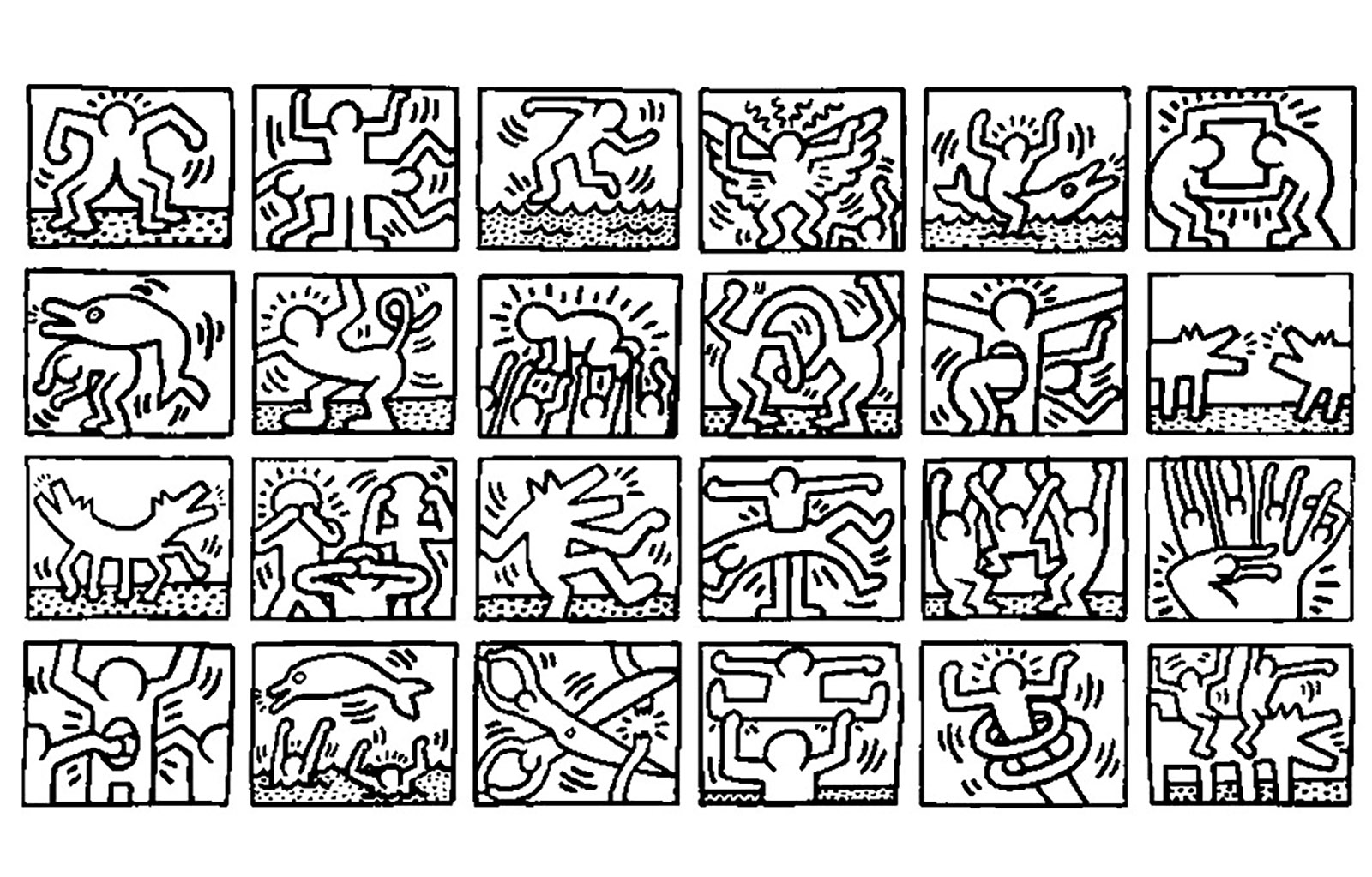 Mosaic of several works by Keith Haring. Did you know? Haring began drawing with white chalk on empty black billboards (intended for advertising) in subway stations. Haring saw it as a free canvas.Almost every day, he created these ephemeral drawings, and in the space of a few years, he produced hundreds of these works.