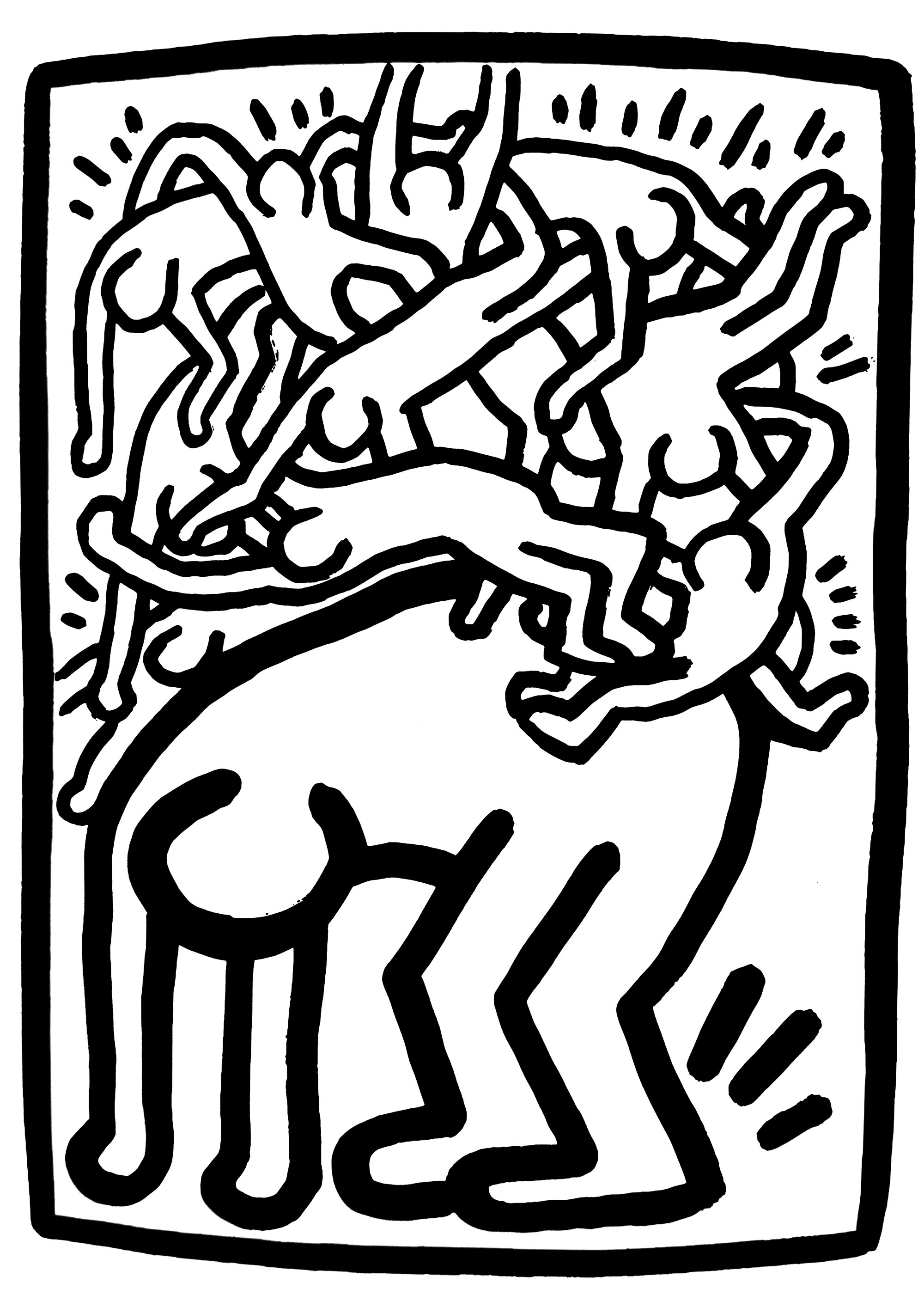 Keith haring multiples personnages. On the back of a large figure, a multitude of small characters intermingle, dancing and jumping with boundless energy.