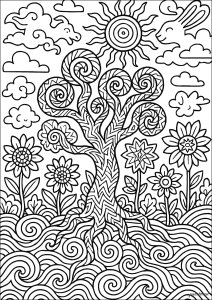 A magical tree under a radiant sun