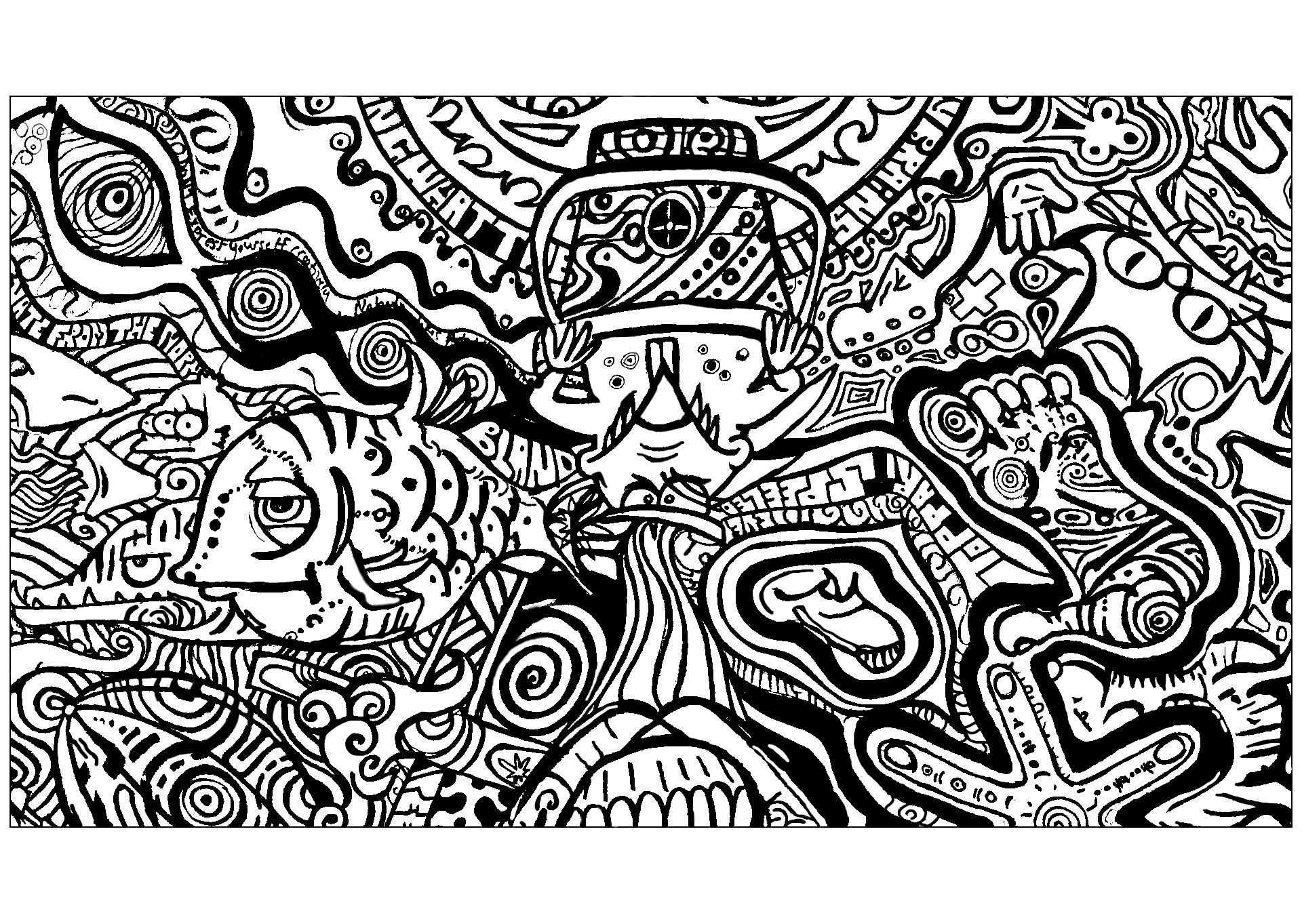 Psychedelic drawing with different subjects, including a feet and a fish !