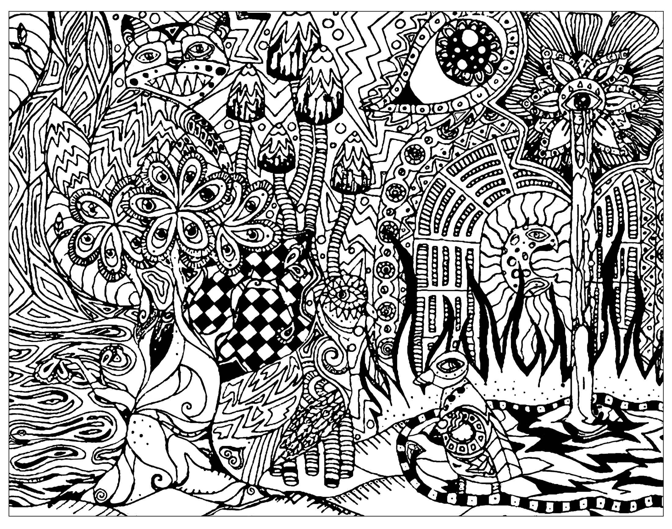 Psychedelic patterns hidden cat - Psychedelic Adult Coloring Pages