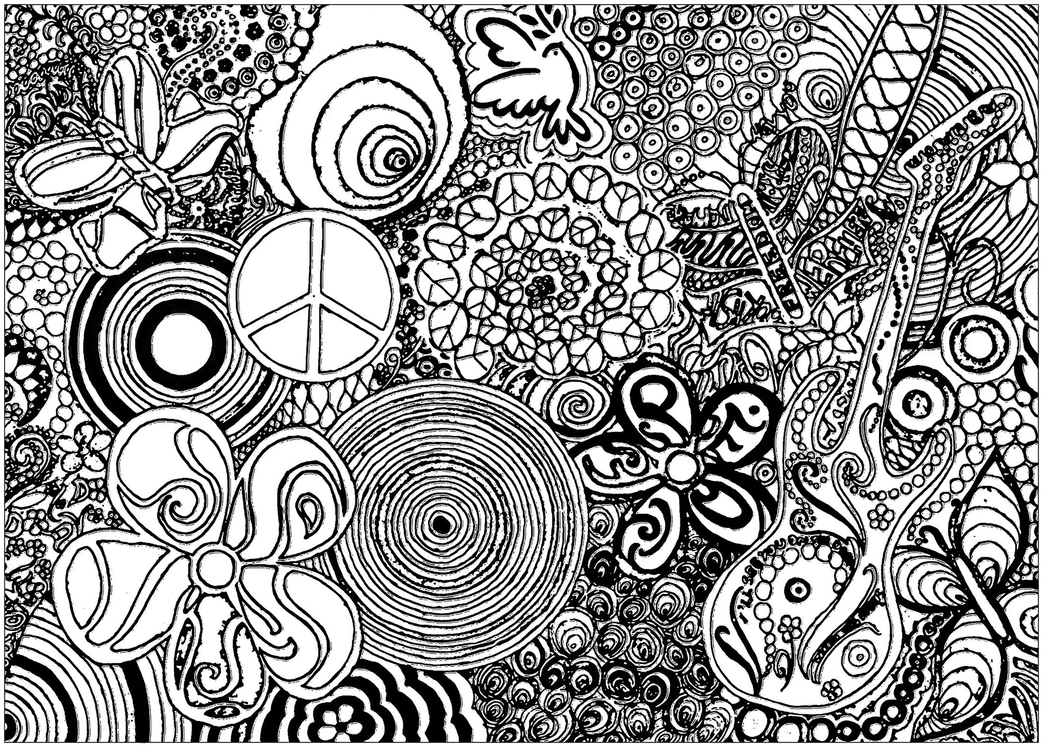 Psychedelic patterns: Color this design and discover symbols related to music and peace. You will discover symbols related to music and peace, and you can lose yourself in the process of coloring and creating. You can feel calm and free, and let your imagination run wild. Let yourself be carried away by this visual journey and let your mind find peace and serenity. This coloring will allow you to reconnect to your soul and spirit and find inner peace.
