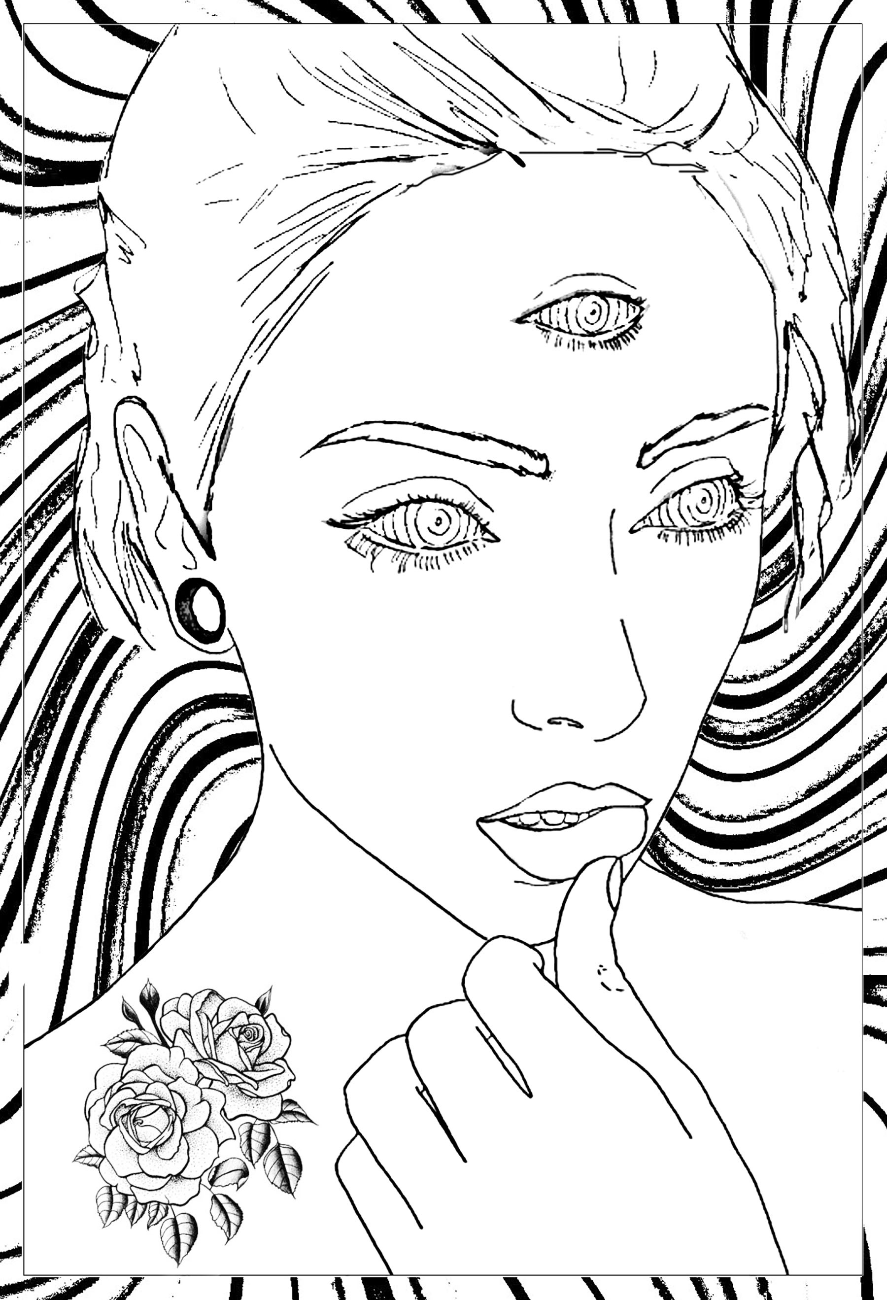 Original drawing of a pensive woman with 3 eyes ... with a very psychedelic background