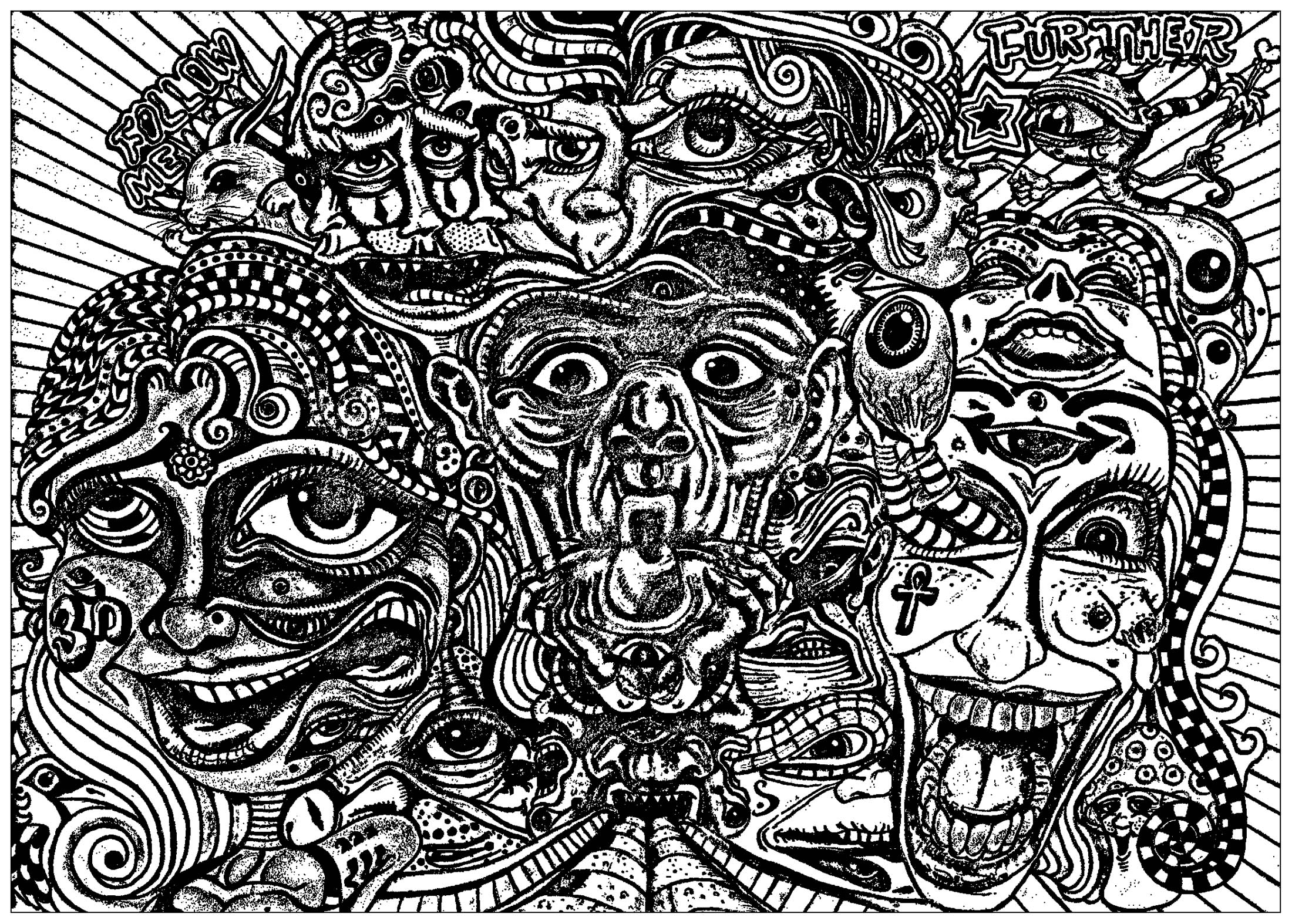 Psychedelic faces - Psychedelic Adult Coloring Pages