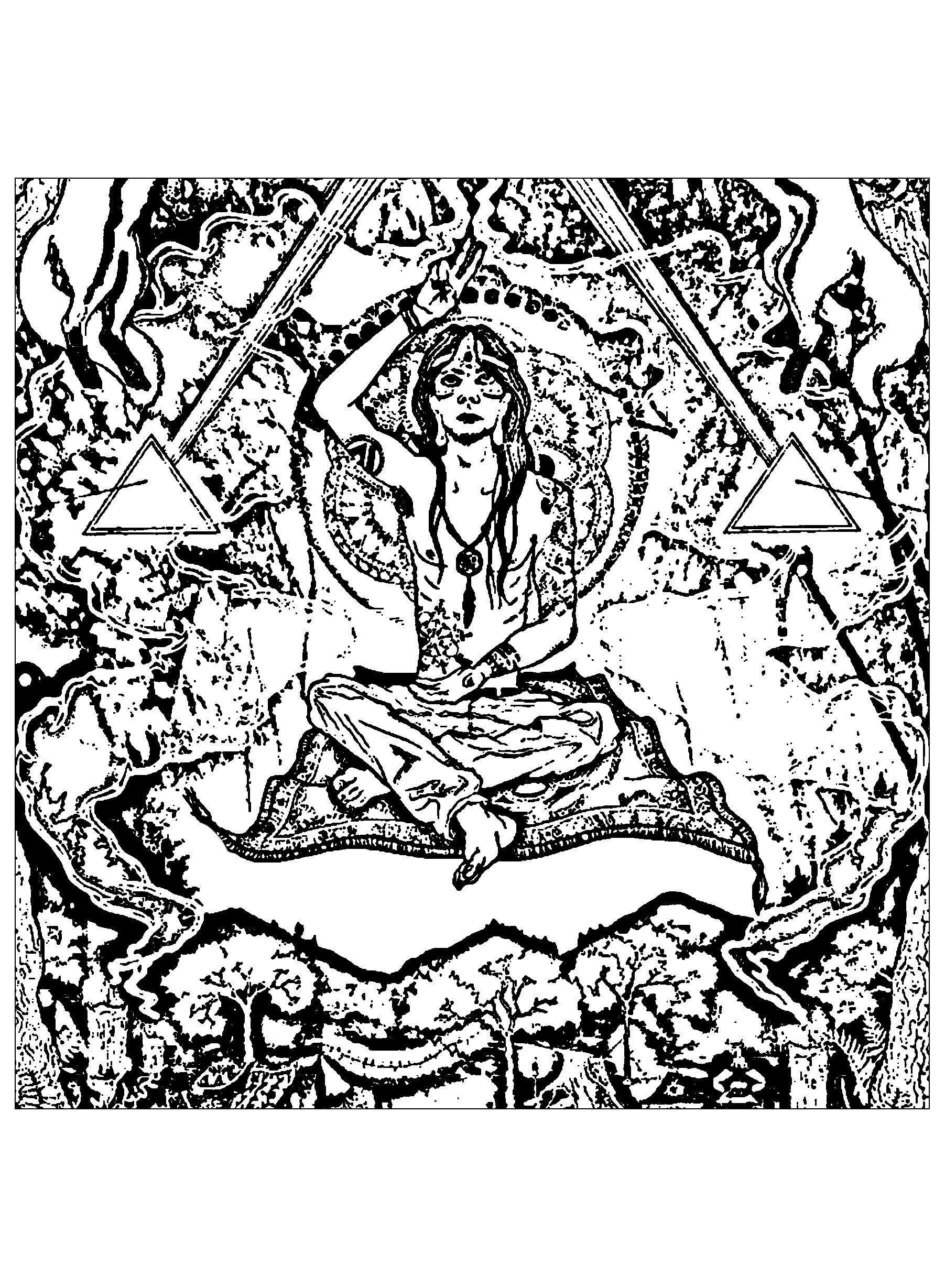 Woman meditating on a carpet, with Illuminati symbols like pyramid