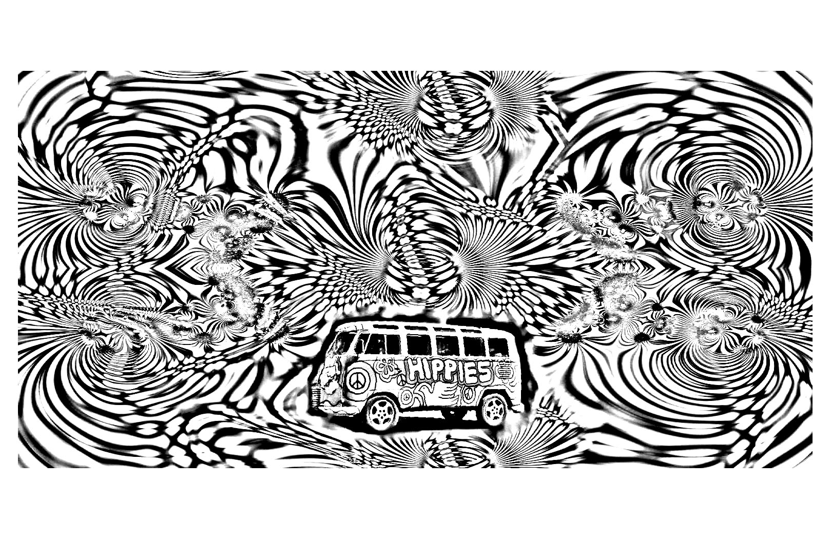 Typical bus of the 70s in the middle of a psychedelic and hypnotic sky