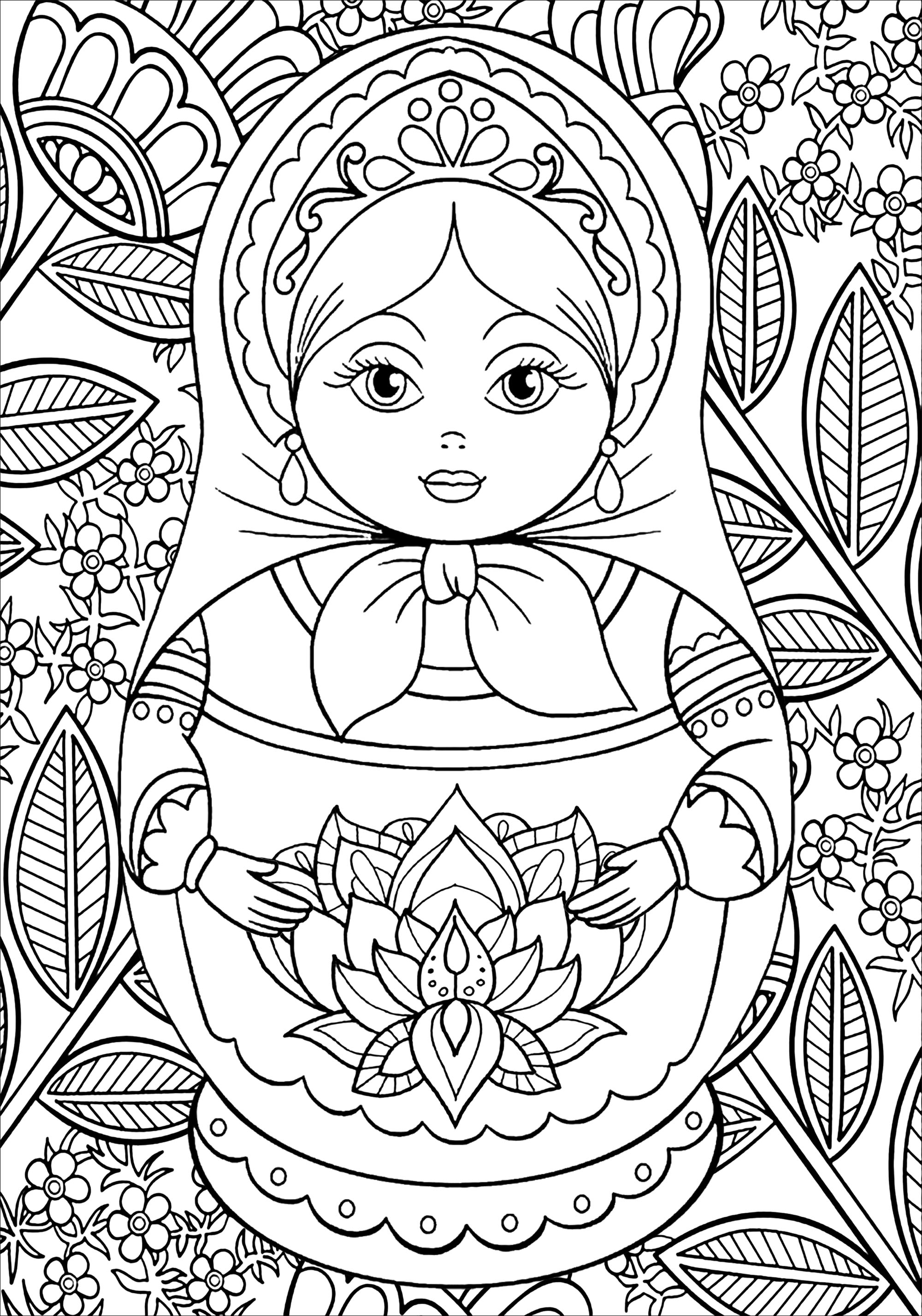 Russian doll in front of a flowery and leafy background, Artist : Art. Isabelle