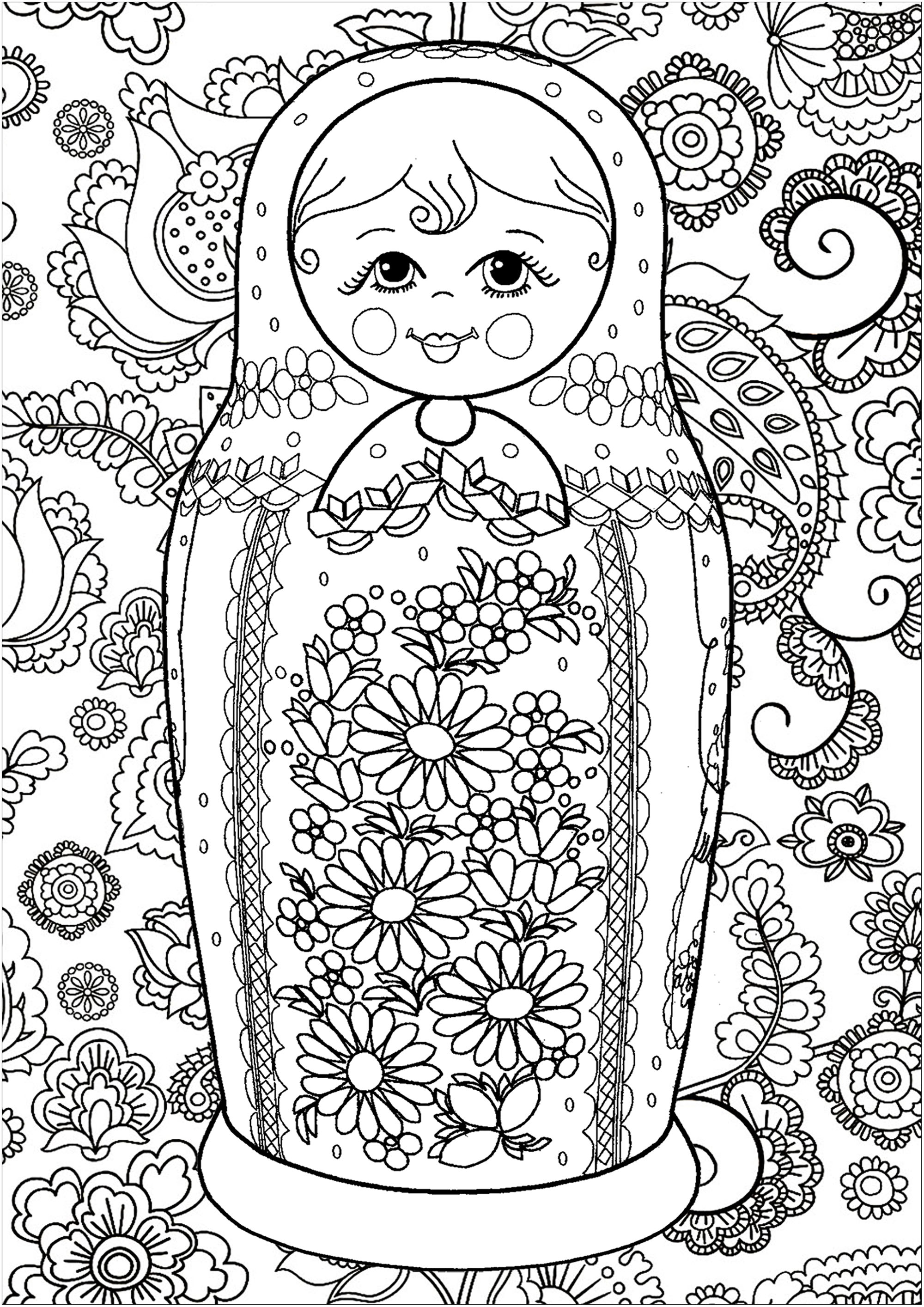 Beautiful flowers inside and outside a simple and smiling russian doll, Artist : Art. Isabelle