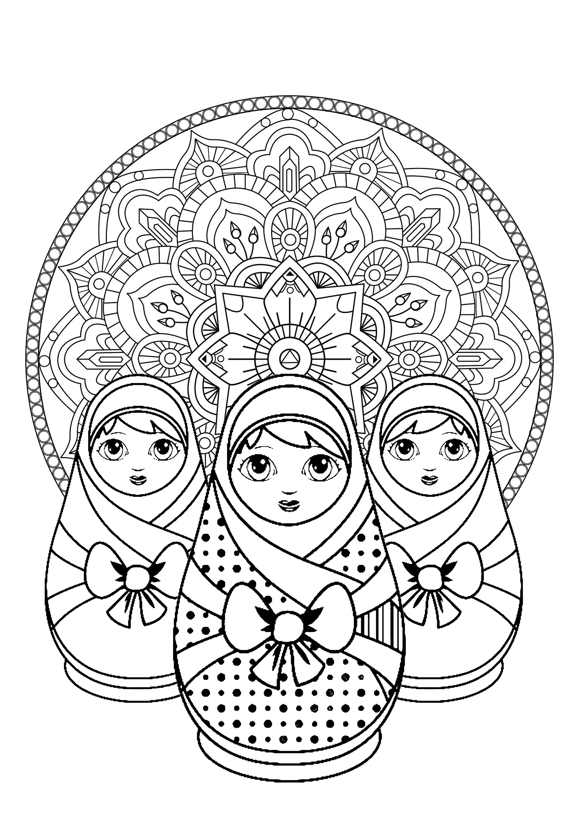 Color these cute russian dolls and incredible mandala in background, Artist : Art. Isabelle