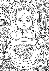 Coloring russian doll and flowers line art