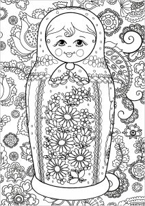 Coloring russian doll flowers background
