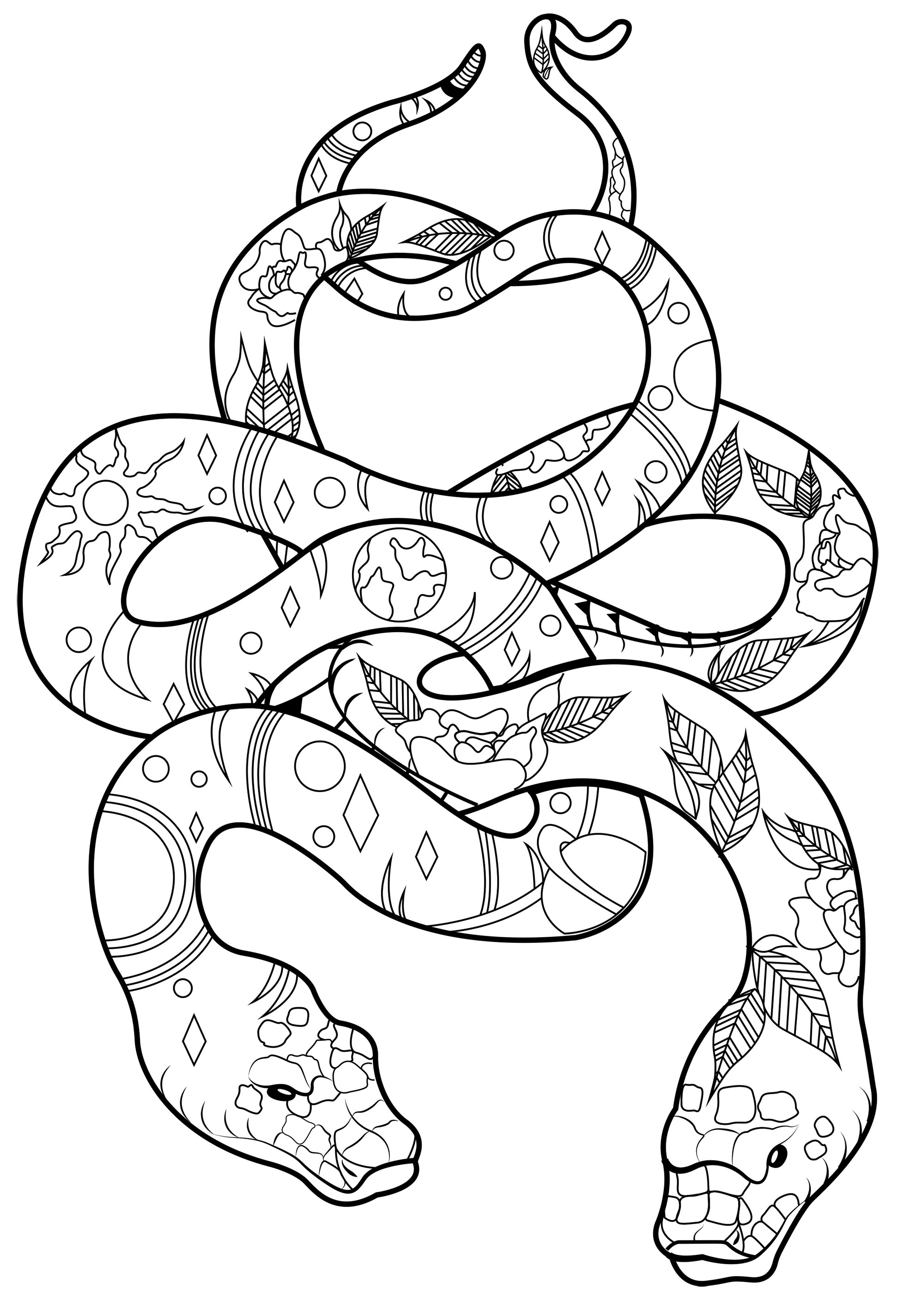Two magnificent and elegant snakes, linked together, and full of cool patterns to color, Artist : Arwen