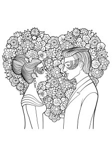 Masked man and woman with floral heart in background