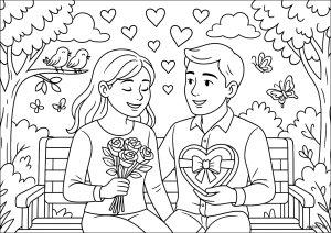 Two lovers sitting on a bench in a beautiful garden