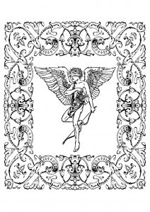 Coloring vintage cupidon angel in frame valentine s day