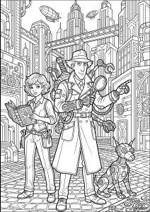 Steampunk Inspector Gadget in a futuristic mechanical city