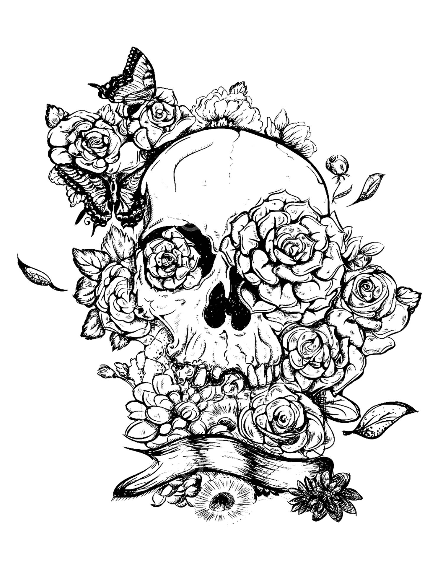 Download Skull and roses tattoo - Tattoos Adult Coloring Pages