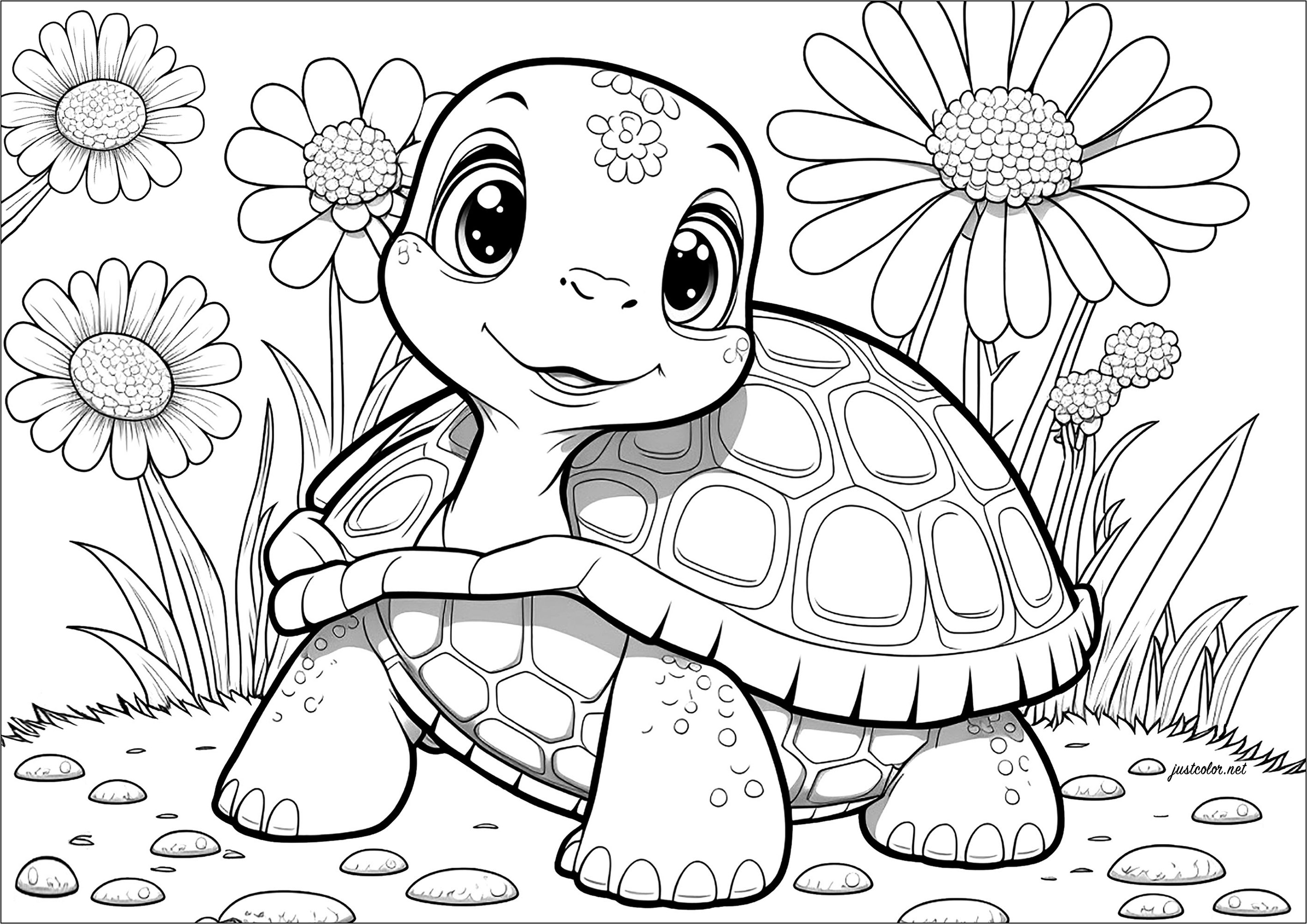 A very childlike turtle to color, but with lots of detail!. Follow this earth turtle on his slow but sure adventures in this fun coloring page.