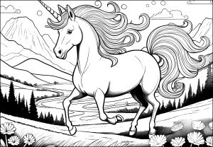 Unicorn running through an enchanting landscape