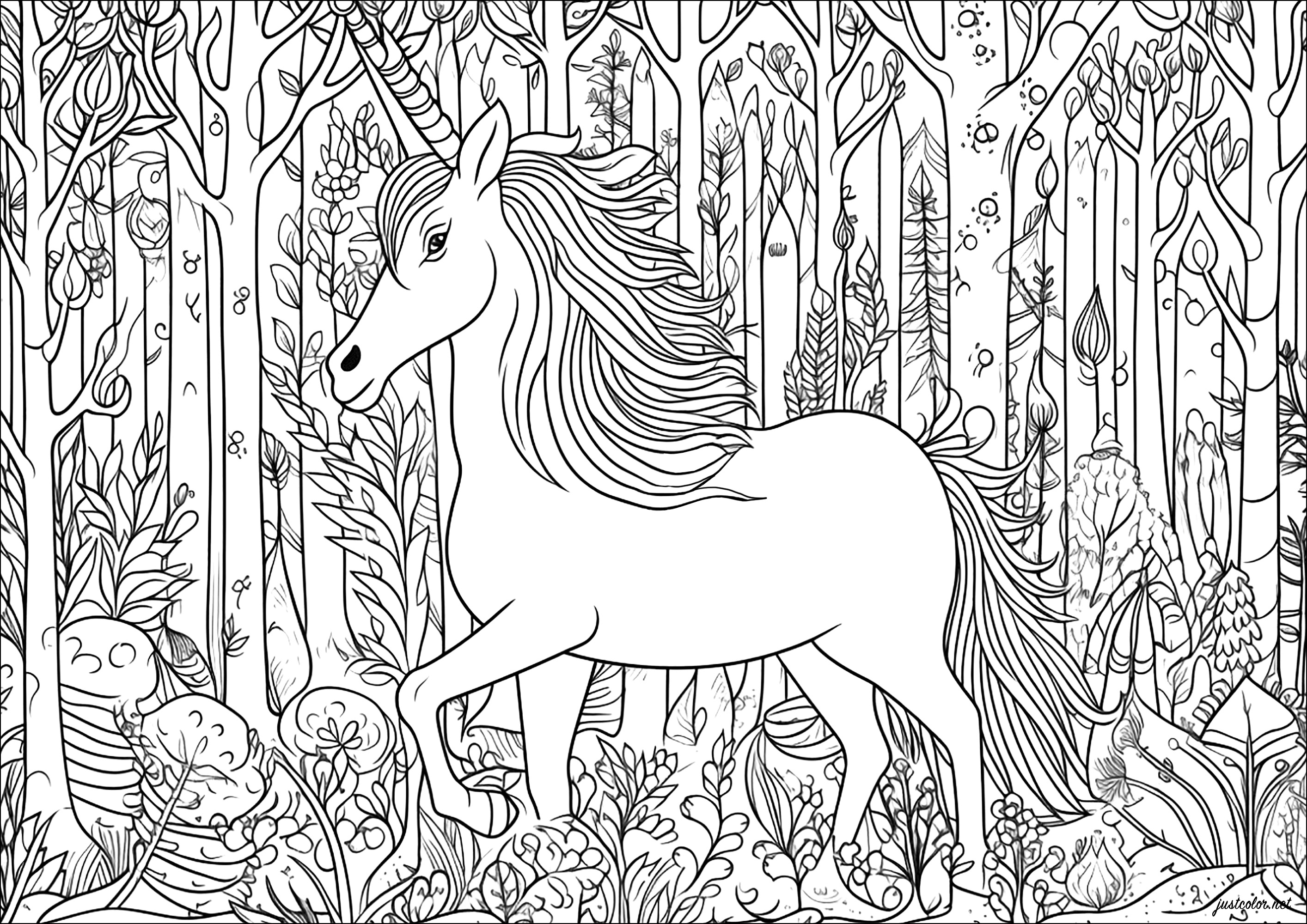 Majestic unicorn, advancing through a forest