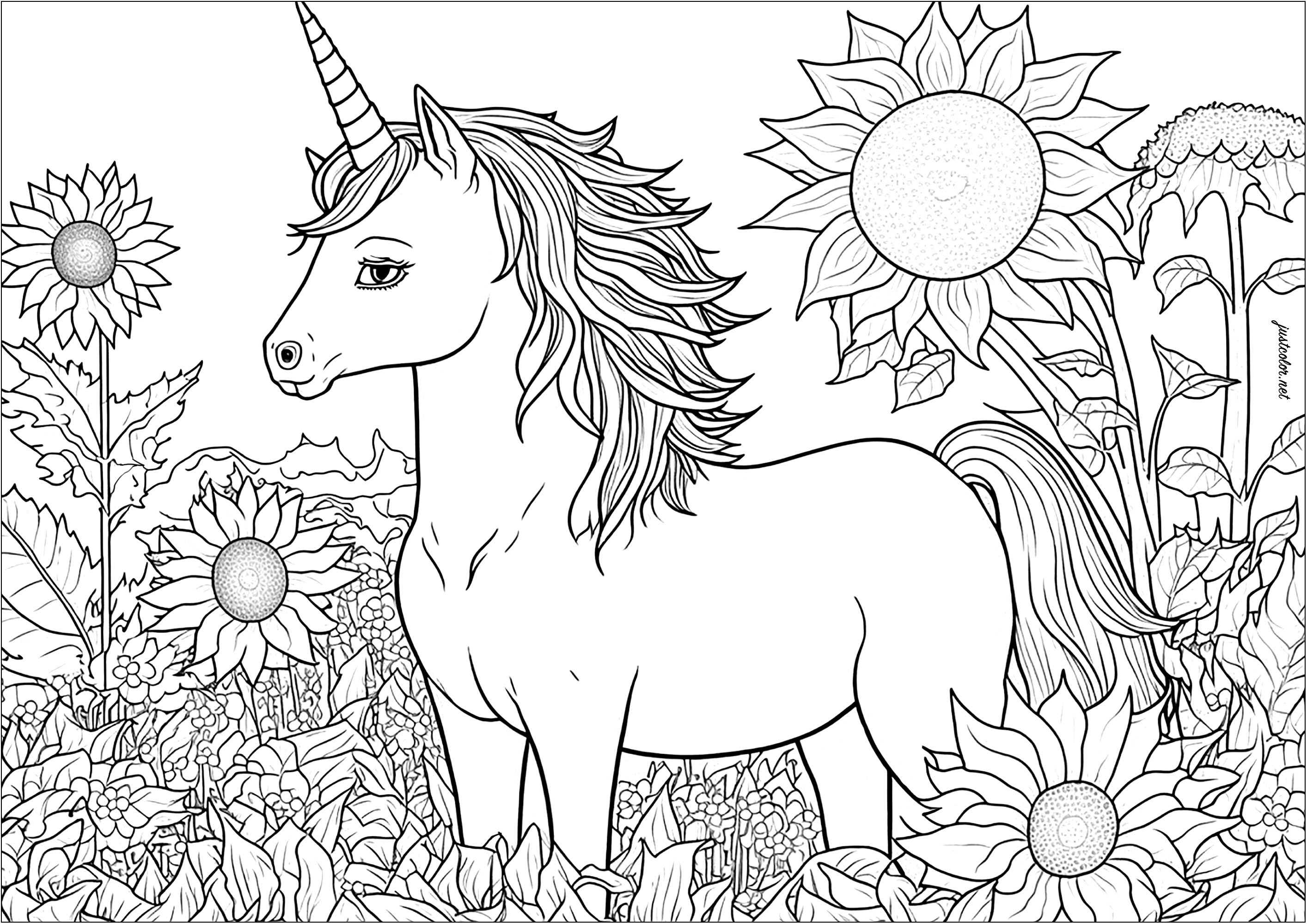 Unicorn and sunflowers coloring. Many details to color, whether in the flowers, vegetation or mane of this beautiful unicorn.A coloring that is an authentic invitation to contemplation and meditation.