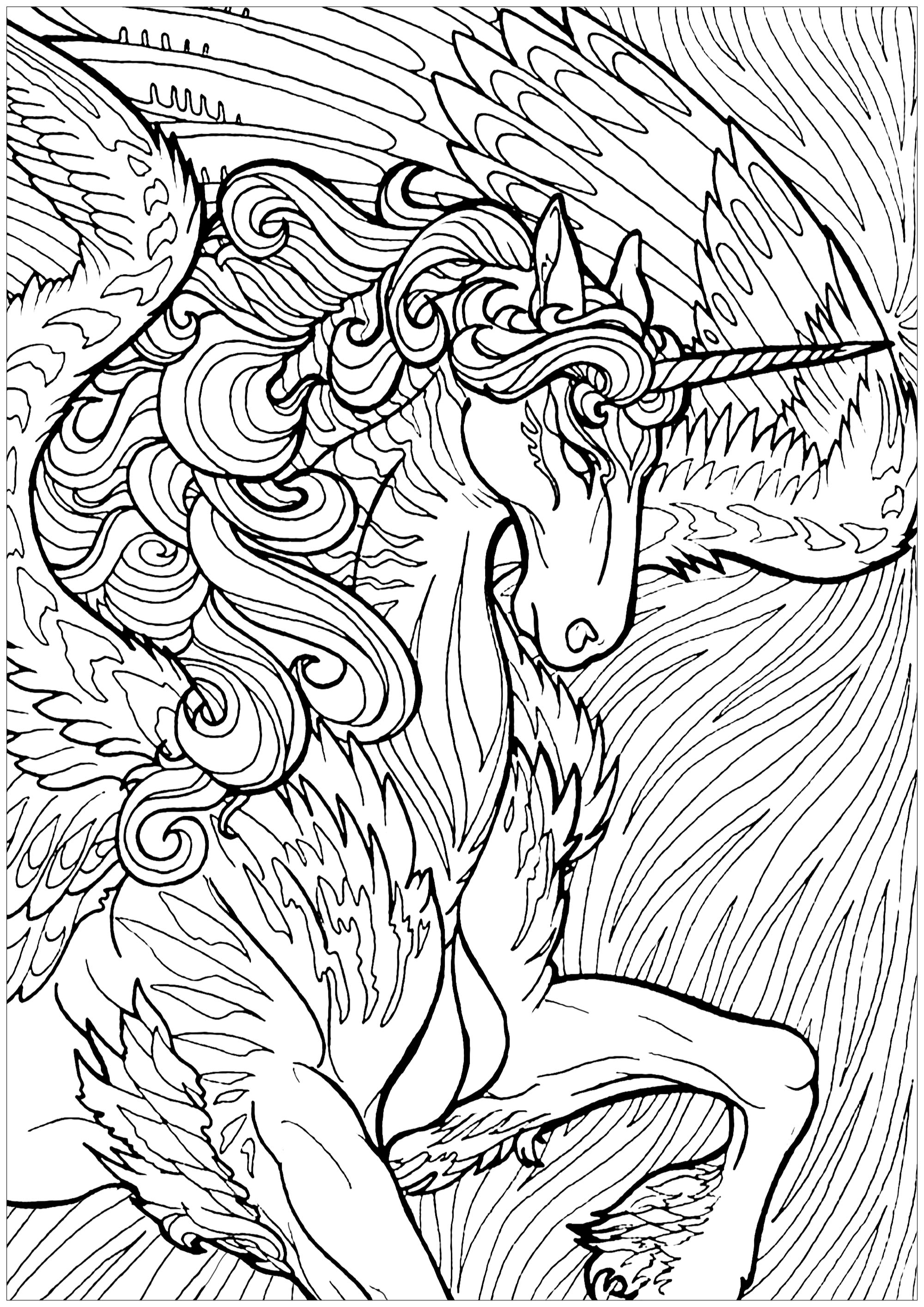 Unicorn with wings and background - Unicorns Adult Coloring Pages