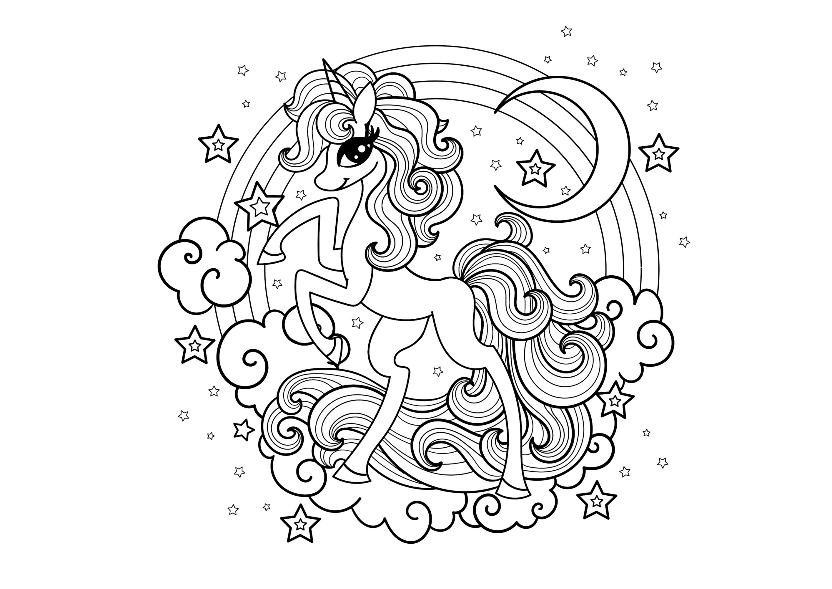 A Unicorn with a distinctive style. Pretty unicorn with rainbow, moon, clouds and stars, Artist : Zerlina1973   Source : 123rf