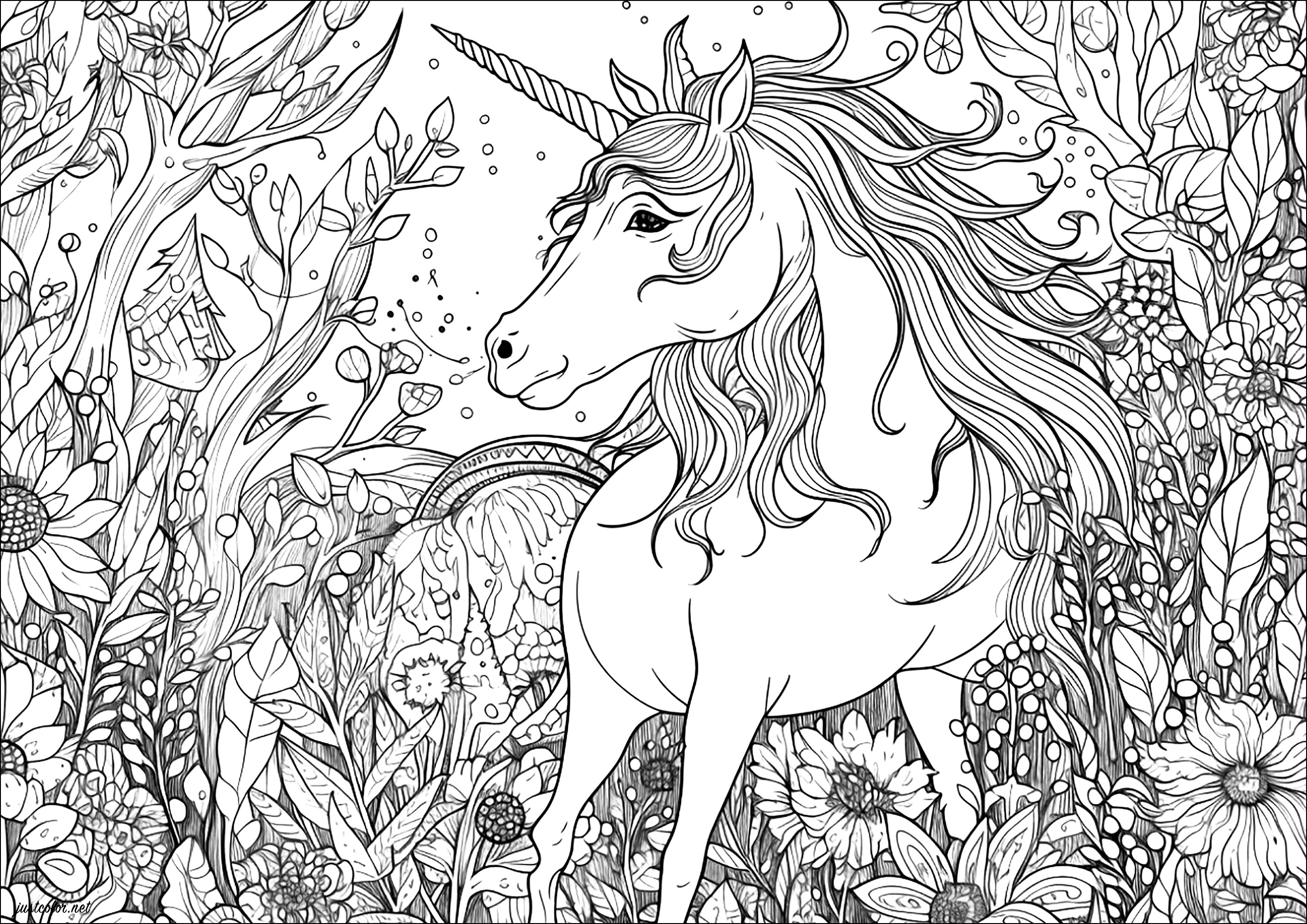 Pretty unicorn in a forest. Lots of details to color, for a magical coloring experience