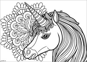 Coloring unicorn profile and mandala