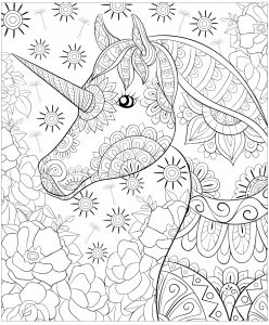 Coloring unicorn zentangle flowers