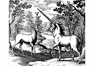 Coloring woodcut unicorn and stag