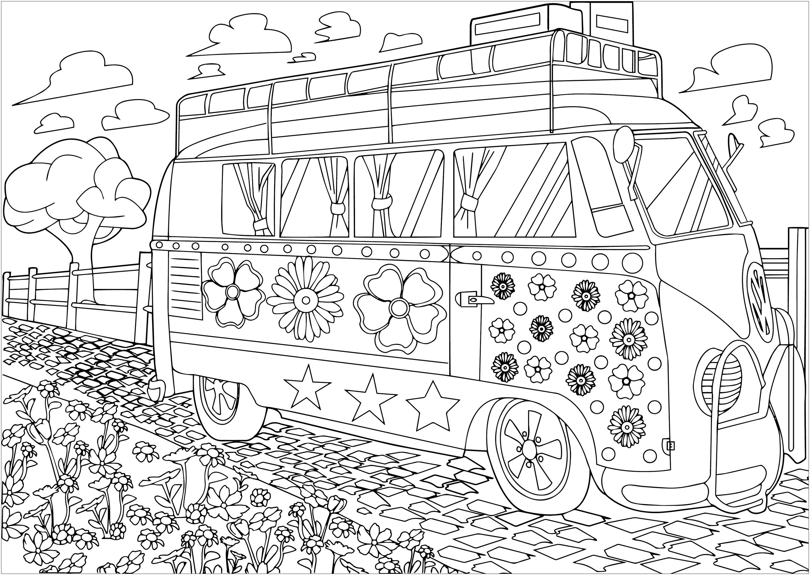 Le combi Volkswagen hippy de Woodstock à colorier. The Volkswagen combi, with its colorful paintwork and peace symbols, became the mobile symbol of the hippie counterculture. Its presence at Woodstock in 1969 made it the unfailing icon of this era of liberation and music, Artist : Morgan