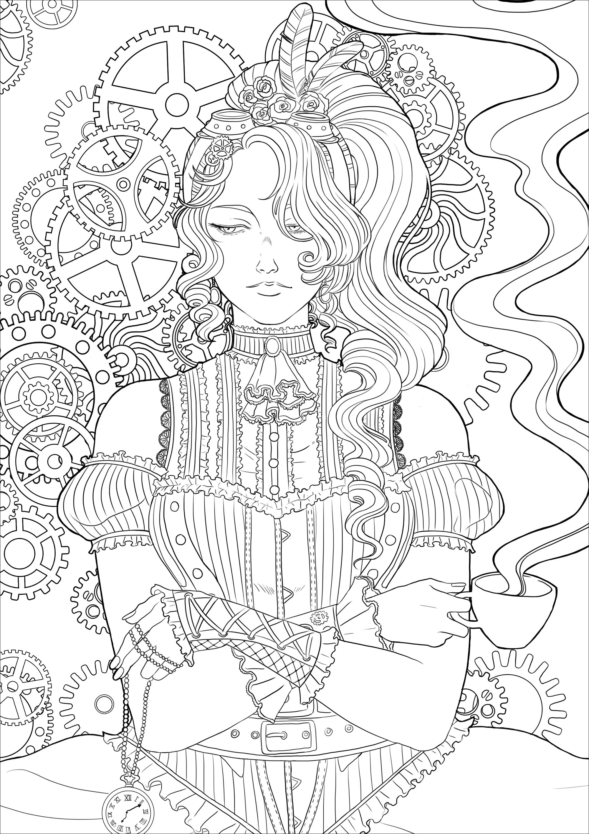 Coloring page of a melancholy young woman with a cup of tea, all in a Victorian environment and mechanisms. Version 2, Artist : Lestat Hallward Holmes