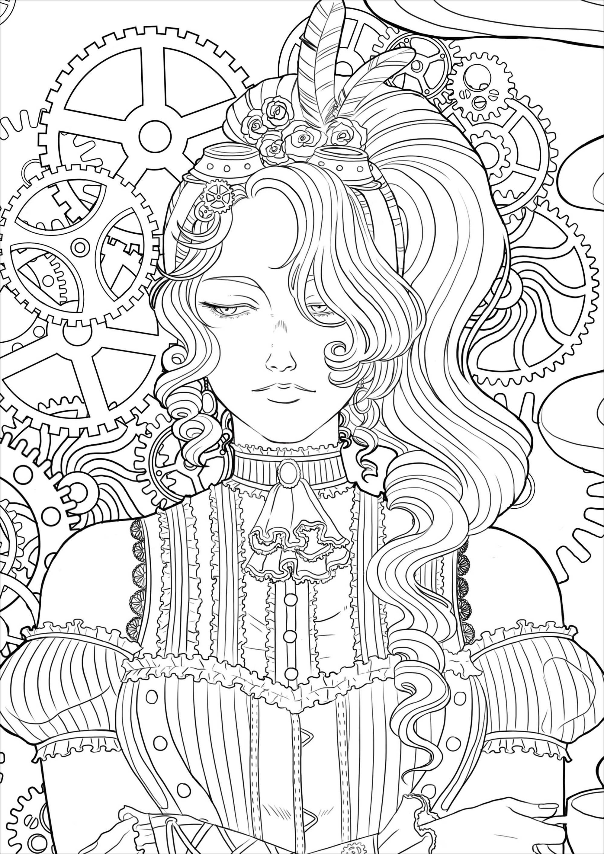 Coloring page of a melancholy young woman with a cup of tea, all in a Victorian environment and mechanisms. Version 3, Artist : Lestat Hallward Holmes
