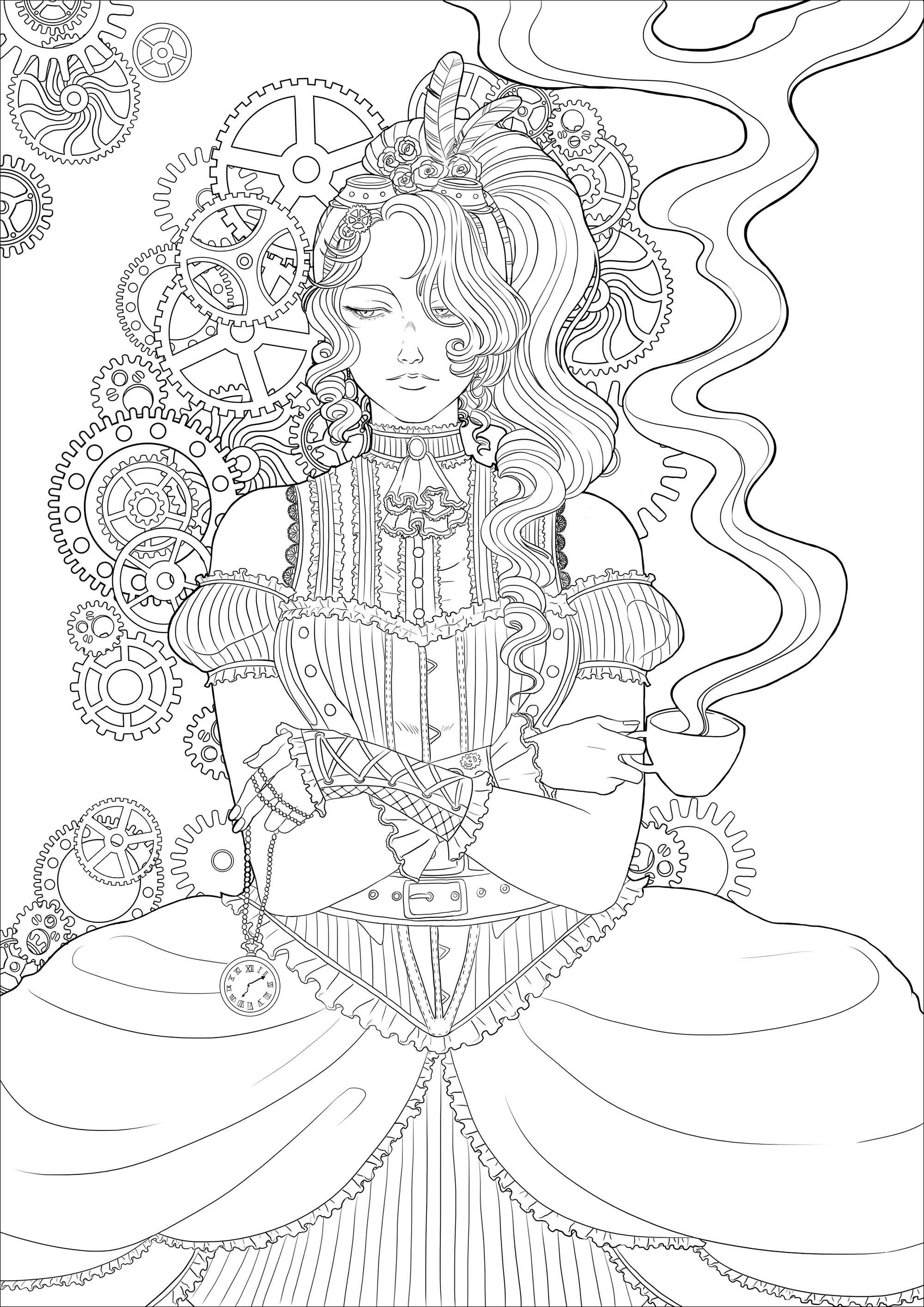 Coloring page of a melancholy young woman with a cup of tea, all in a Victorian environment and mechanisms, Artist : Lestat Hallward Holmes