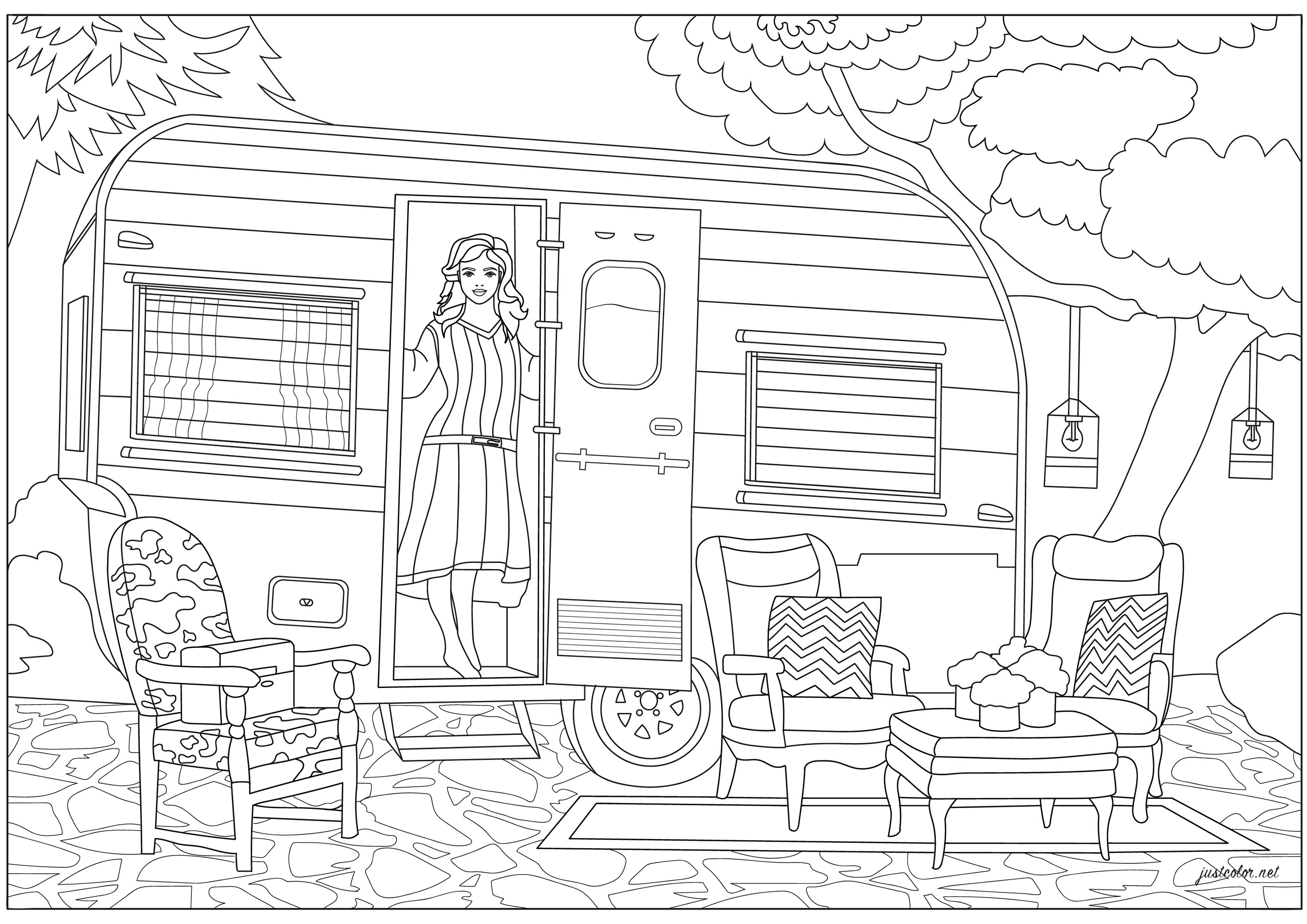 Cozy vacation in a vintage caravan for this pretty young woman, a comfortable return to nature, Artist : Morgan