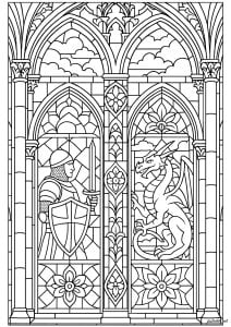 Medieval stained glass with knight and dragon