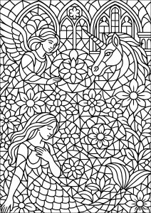 Mythological and floral stained glass
