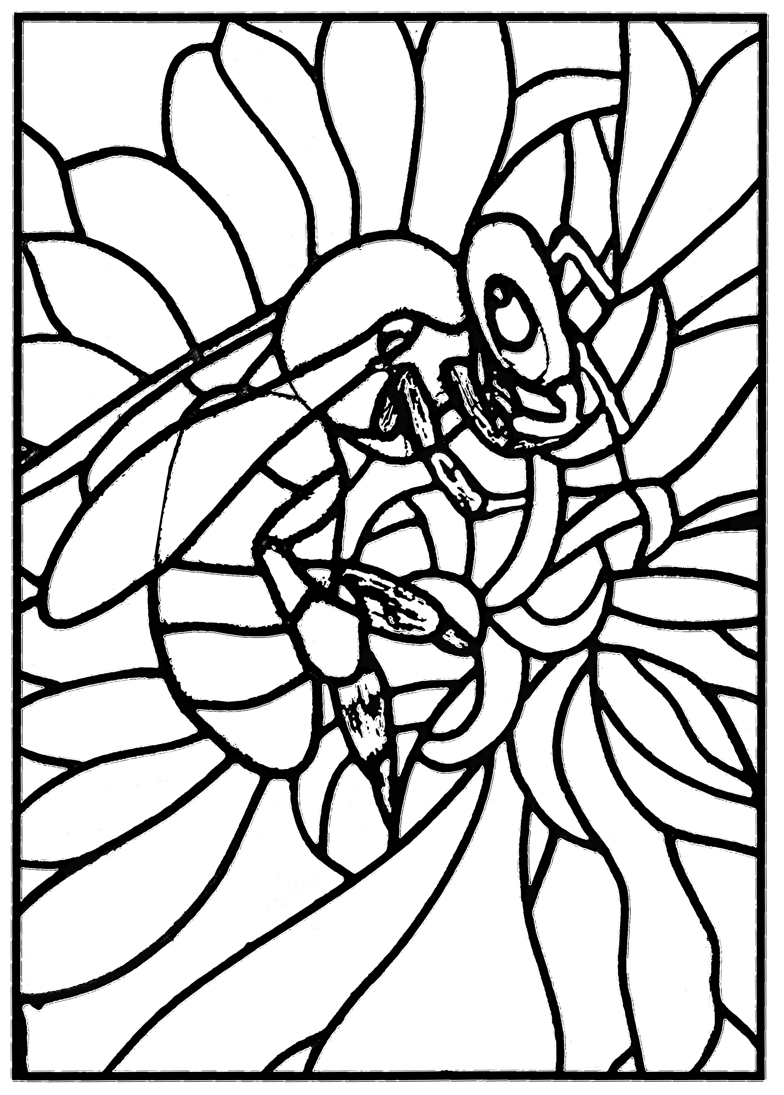 A coloring page created from a modern stained-glass bee (Atelier JB Tosi, 2010)