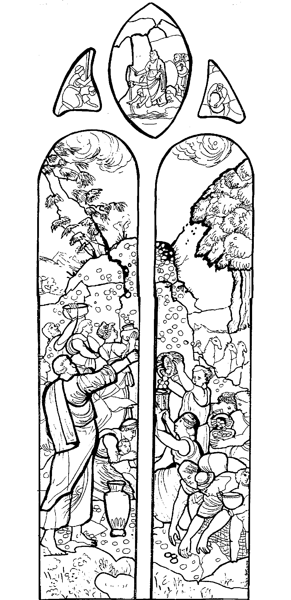 Difficult Coloring page of a very high stained glass of a mystical scene
