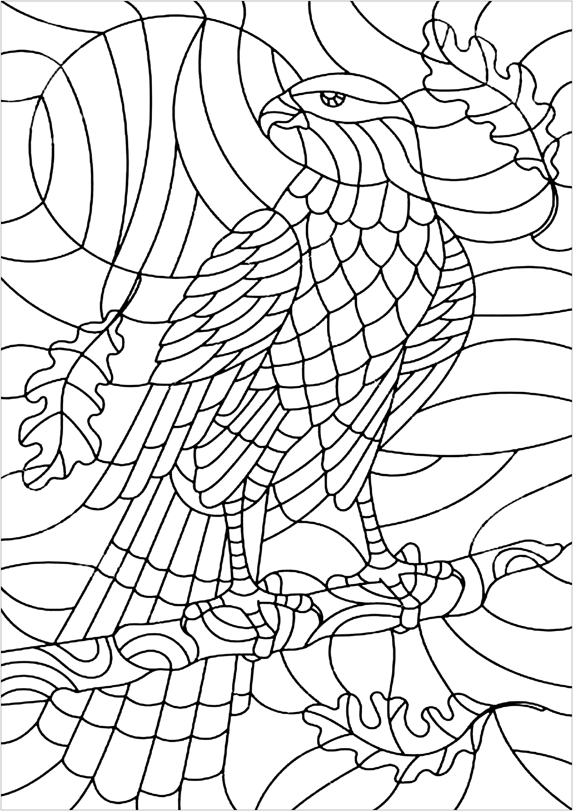 Beautiful coloring page of an eagle, represented as it it was a stained glass