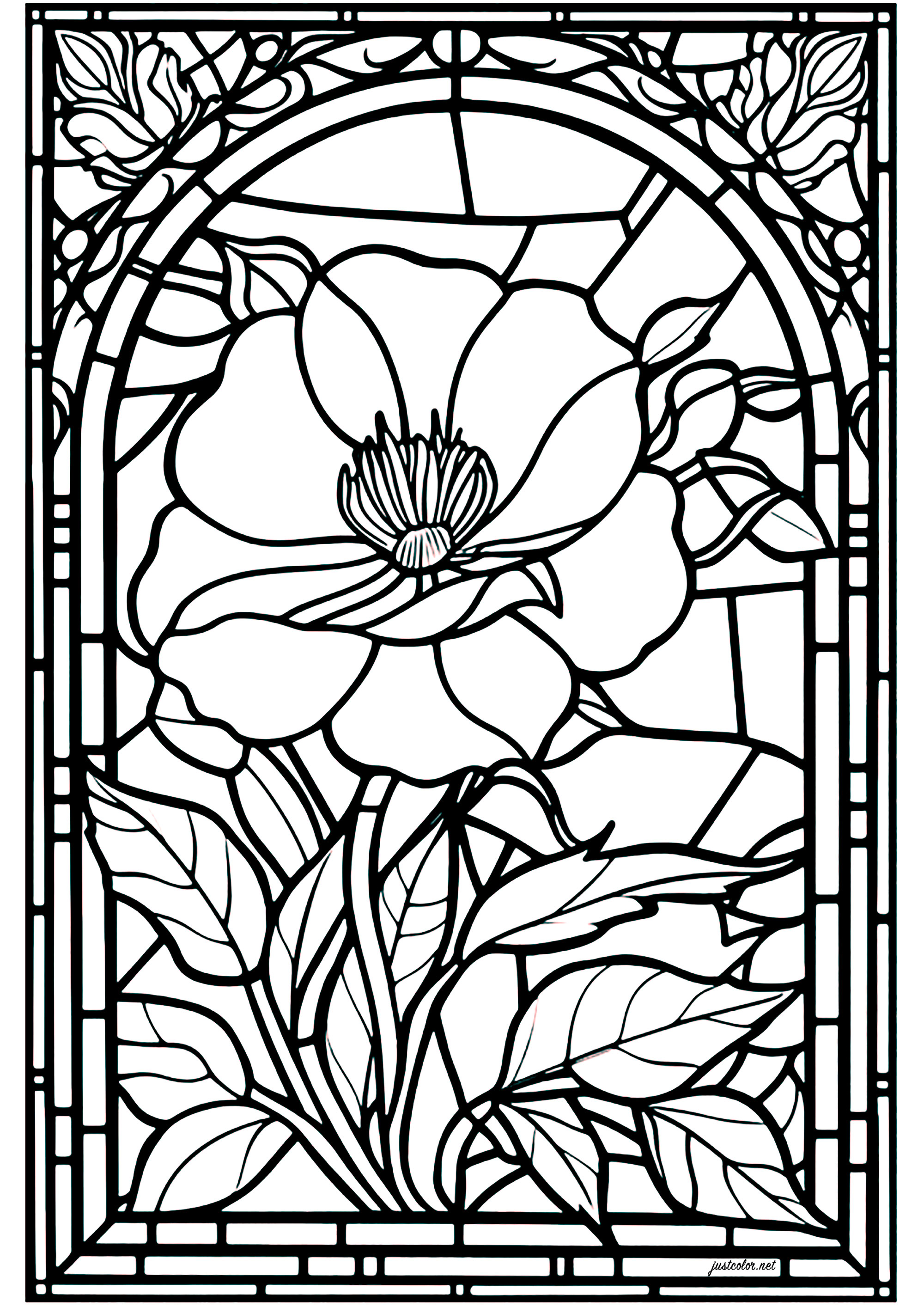 Stained Glass Flower 3 Stained Glass Adult Coloring Pages
