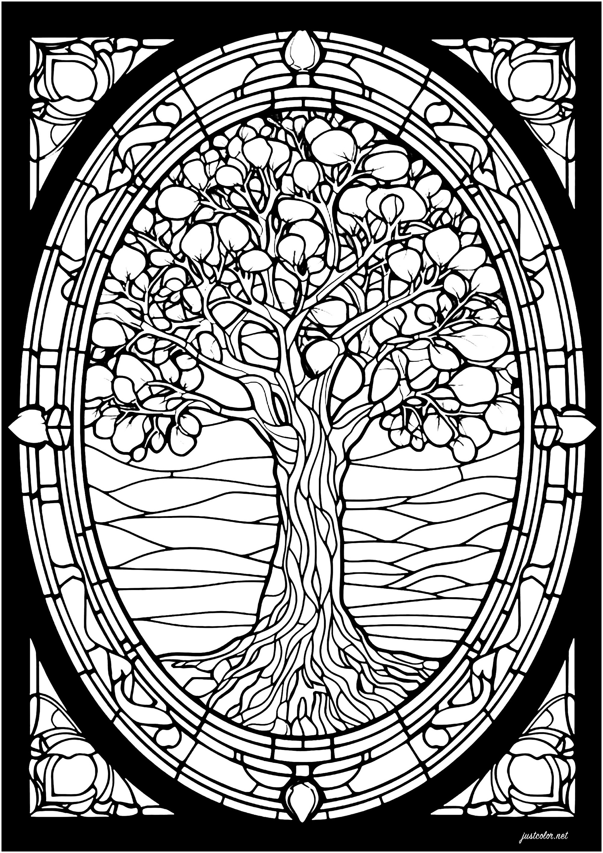 Pretty Tree In A Stained Glass Window Stained Glass Coloring Pages For Adults Page