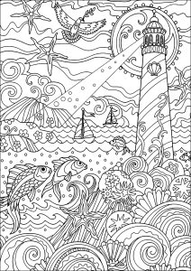 Printable Coloring Page for adults : Lighthouse illuminating the sea, with beautiful fish and corals