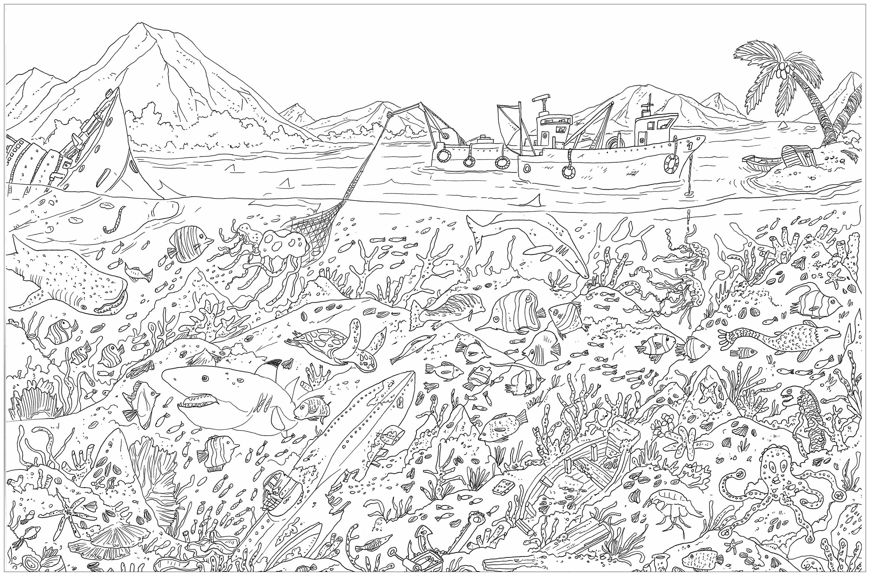 'Sea floor', a complex coloring page, 'Where is Waldo ?' style, Artist : Frédéric Brogard