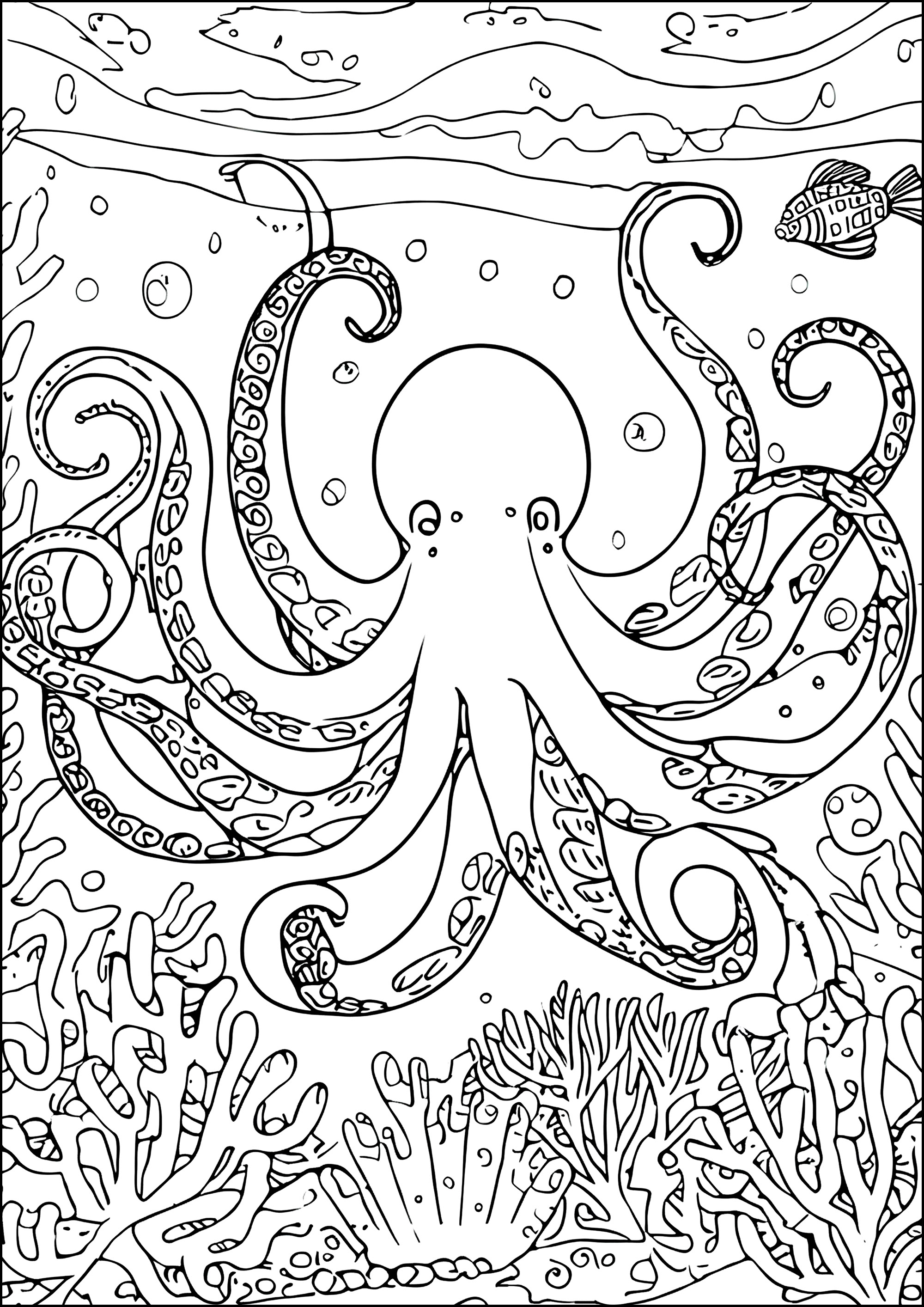 Seabed octopuses. Complex coloring with an octopus in a turbulent seabed